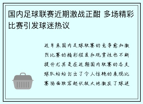 国内足球联赛近期激战正酣 多场精彩比赛引发球迷热议