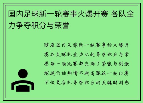 国内足球新一轮赛事火爆开赛 各队全力争夺积分与荣誉