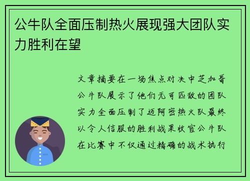 公牛队全面压制热火展现强大团队实力胜利在望